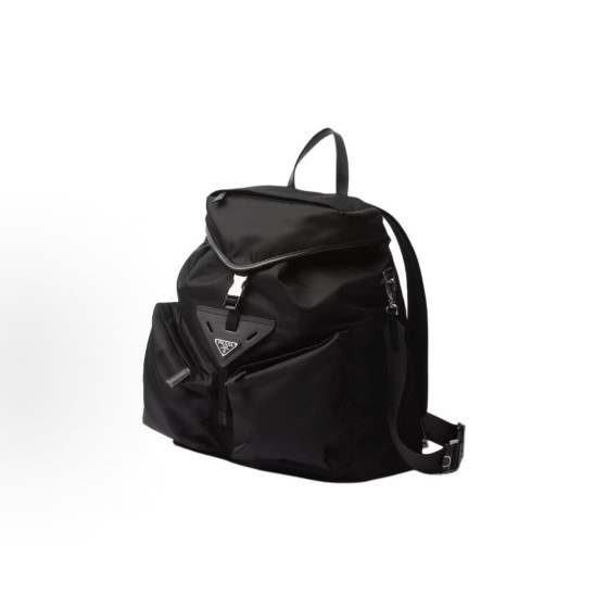 PRADA Re-Nylon enamel-coated triangular metal logo drawstring openable backpack, men\'s black backpack